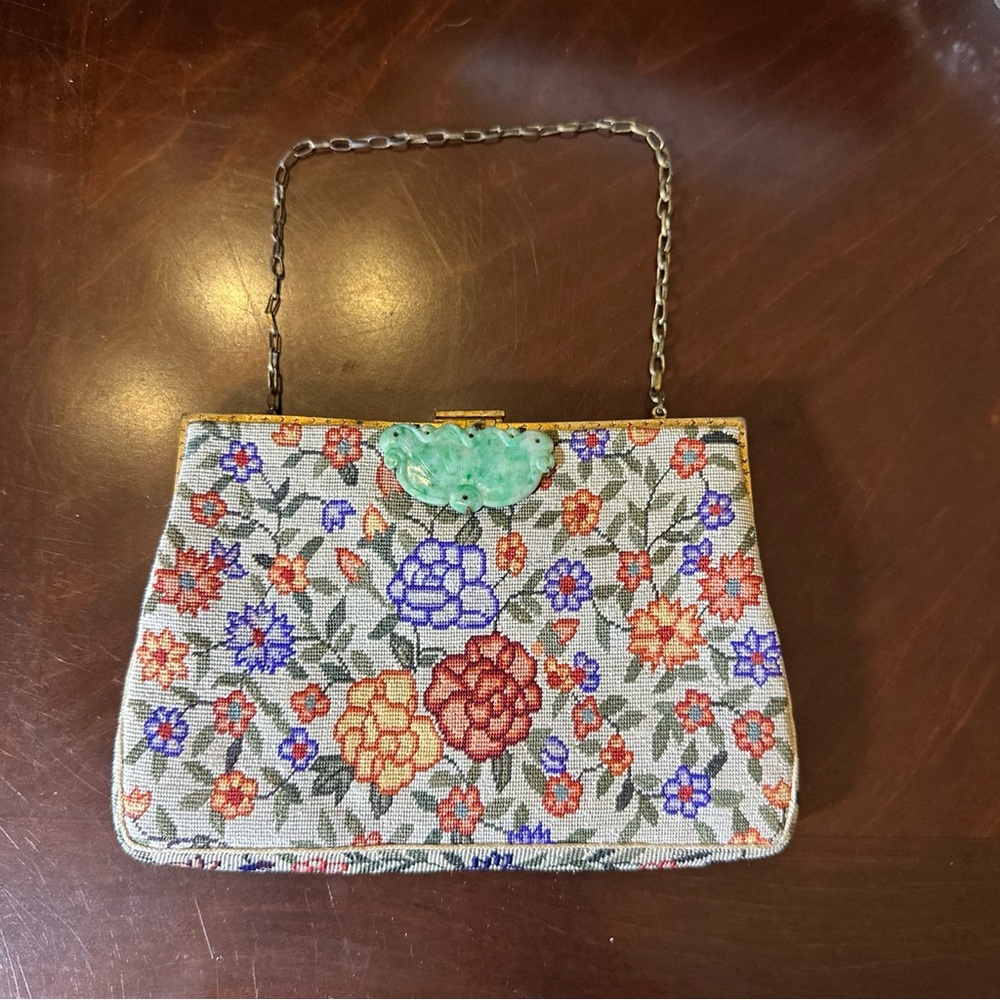 Floral Tapestry Petit Point Embroidery Wristlet Purse~Snap Clasp w Jade Inset